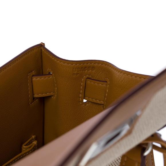 HERMES New Kelly 28 sellier handbag strap in beige canvas and gold leather, SHW - Picture 8 of 12